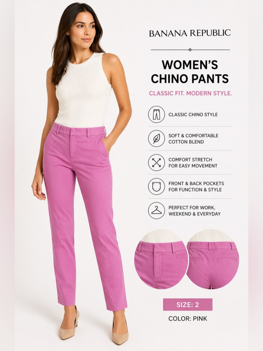 Banana Republic Magenta-Pink Straight-Leg Chino Pants